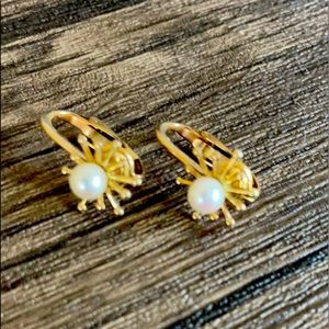 Vintage Sunburst 14k gold and natural pearl earrings with clip on closures